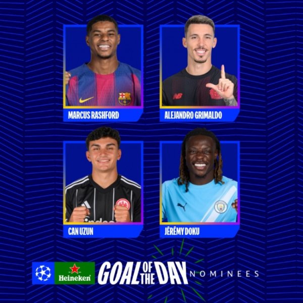 The best goals candidates for the Champions League today: Rashford, Grimaldo, Uzun, and Doku are listed